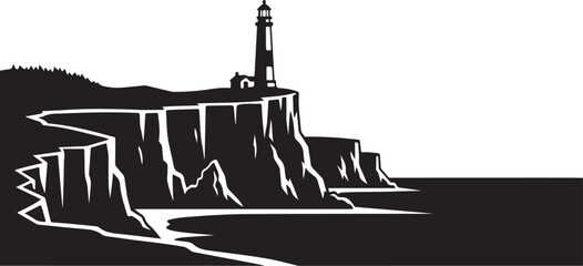 Obraz premium Vector lighthouse on cliffside silhouette