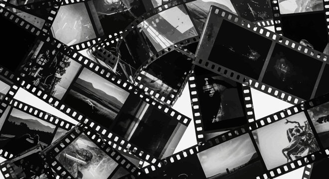 A collection of black and white film strips.
