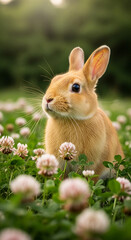 Fototapeta premium An orange rabbit sits in a field of clover flowers, under soft light, portraying spring, nature, and serenity, and evoking a sense of calmness