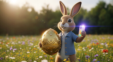 Fototapeta premium Furry rabbit with golden egg and phone in meadow, representing Easter celebration and technology use, creating festive and modern appearance