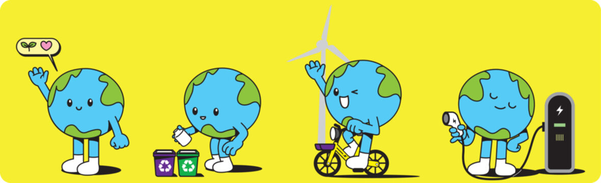 Eco-Friendly Earth Mascot Collection: Green Energy, Electric Transport and Waste Management Concept