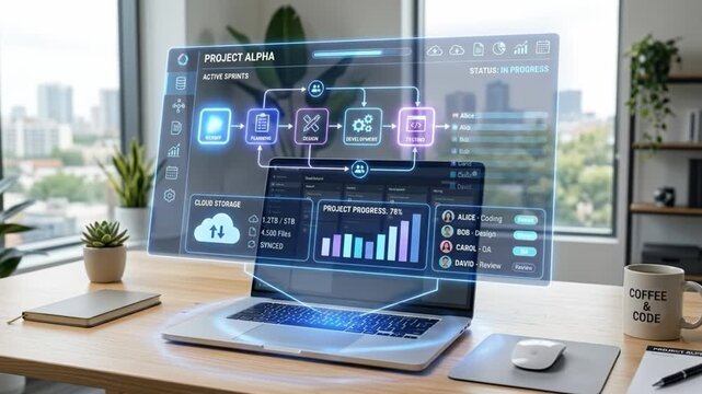 Project management software laptop digital interface coding design development progress cloud storage workspace technology business data analytics workflow team planning active sprint progress charts