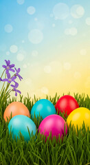 Colorful eggs in green grass with small purple flower, symbolizing Easter holiday, spring season, and celebration of new beginning or festive decoration