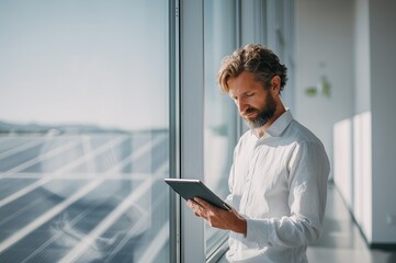 Fototapeta premium Man using a tablet by a large glass window with solar panels outside in a modern interior space