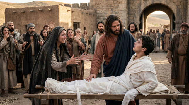 Jesus raising the widow's son from the dead, a moment of awe in a historical setting