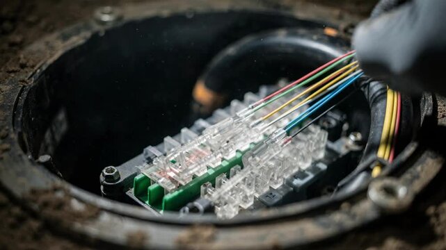 Image of an underground fiber splice enclosure during expansion work featuring focused closeup of fusion splice points with the rest of the enclosure out of focus.