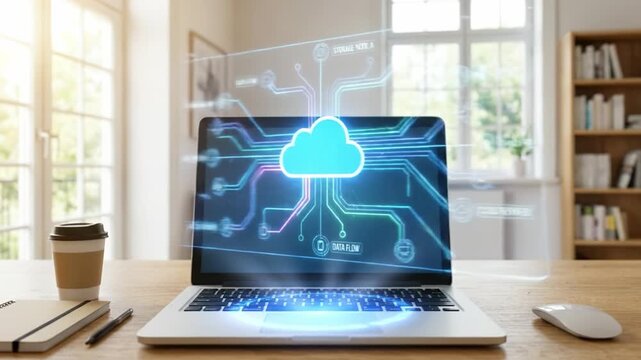 Holographic laptop computer digital interface with futuristic workspace featuring coffee cup, notebook, pen, wireless mouse wooden desk modern office bright light cloud computing technology concept