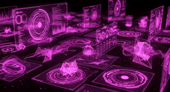 Neon lit digital audio interface landscape.