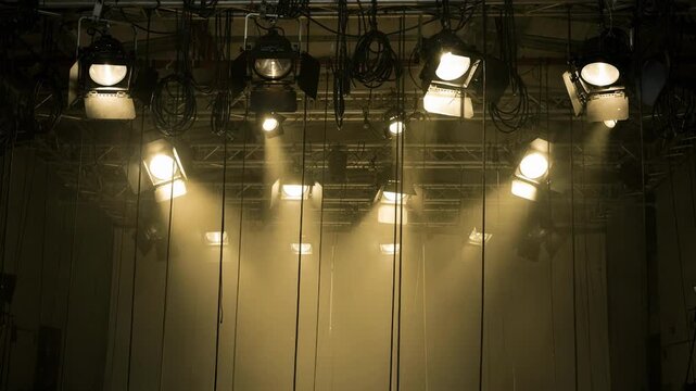 Medium shot of a television studio lighting grid featuring spotlights and softboxes casting a warm glow over an empty set with cables dangling from the ceiling rig.