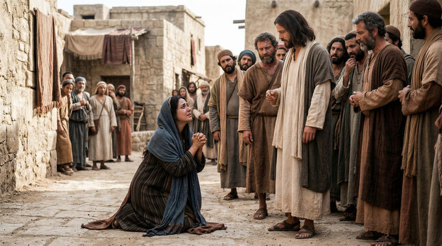 Syrophoenician woman pleading for her daughter's healing in a biblical setting