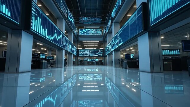 Modern Stock Exchange Trading Floor with Digital Market Displays
