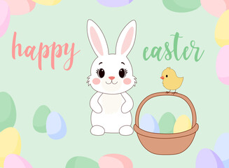 Happy Easter Rabbit Greeting Card Background. Cute Bunny Cartoon Character. Traditional Easter Egg Hunt Symbol. Soft Pastel Colored Spring Easter Holiday Banner Surface Design. Celebration Party Decor