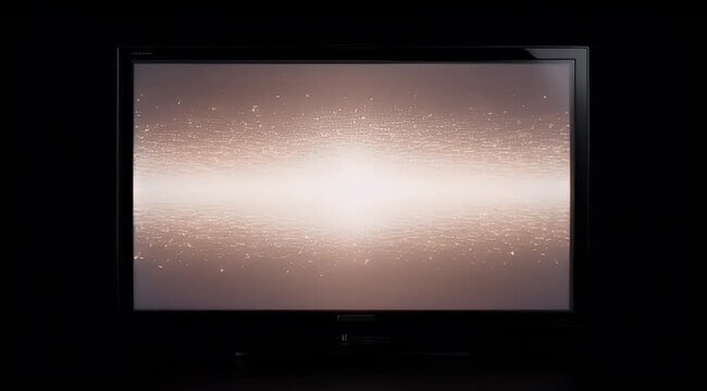 Modern television screen with glowing light particles, digital display showing abstract golden bokeh, electronic monitor in dark room