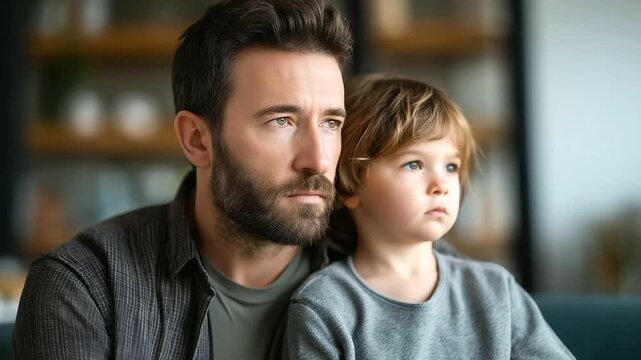 Serious man with child who looks away puzzled, parenting article imagery, family psychology topics, social project illustration, relationship story visual, parent-child tension