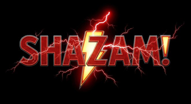 Shazam superhero logo with lightning bolt.