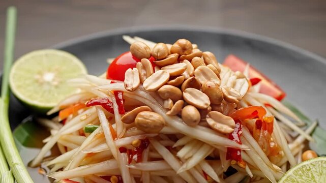 Authentic Spicy Thai Green Papaya Salad Som Tum with Peanuts and Chili