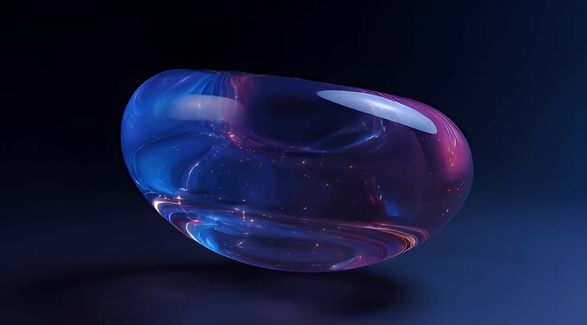 Abstract glass torus with glowing blue and pink light, futuristic translucent organic shape, 3d render of iridescent crystal ring on dark background