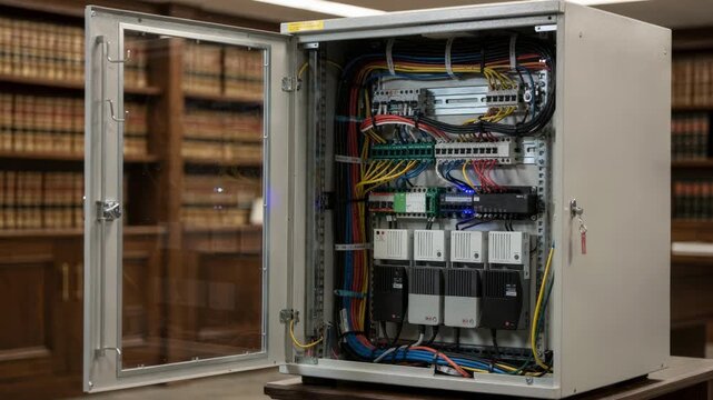 Medium shot of a telecom cabinet in a professional law office featuring structured cabling and modems in sharp relief against blurred legal bookshelves.
