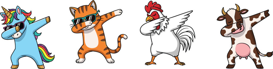 Funny dabbing animals cartoon set, unicorn cat chicken cow characters, cute dancing animals illustration, kids humor mascot collection © Motiur