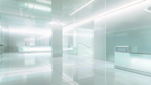 Empty interior of a modern office or laboratory with white walls and glowing lights. Futuristic architecture, corporate background, clean space