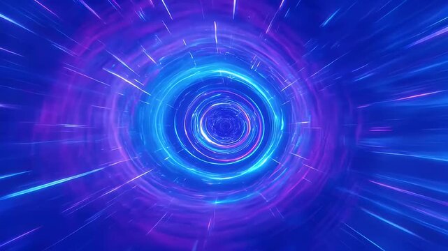 Vibrant blue and purple futuristic tunnel with light streaks and circular design