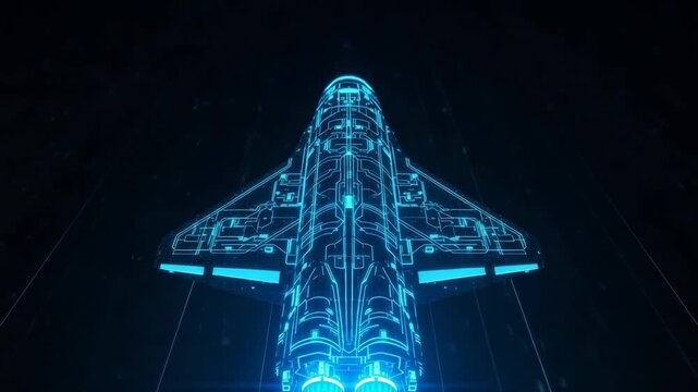 Glowing Digital Space Shuttle Illuminated With Electric Blue Lines Navigating Through Dark Space With Cosmic Streaks In Background For Technology Sci-fi Concepts