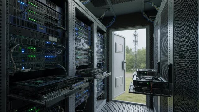 Medium shot of edge computing racks inside a compact shelter at a suburban mobile base station with blurred trees in the background.