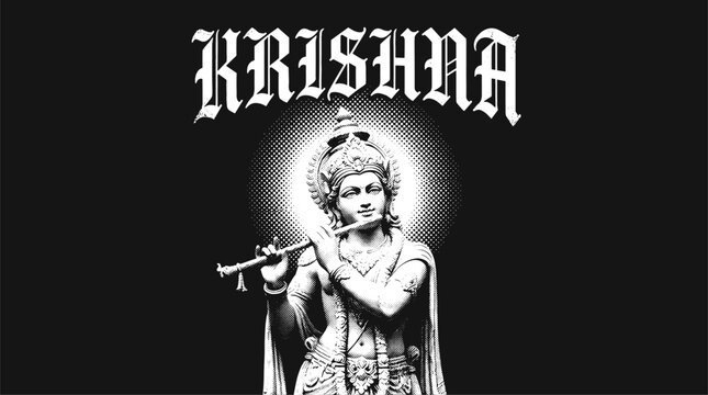 Lord Krishna playing flute with gothic typography in halftone print style vector illustration