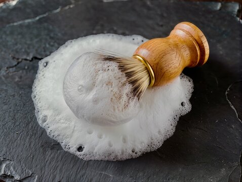 A high-angle, close-up shot of a classic wooden shaving brush resting on a rustic, dark textured slate surface, surrounded by a thick, fluffy layer of shaving soap foam. Photographed wooden shaving