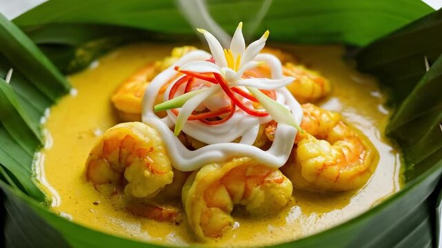 Traditional Khmer Amok Shrimp Curry, Steamed Seafood in Banana Leaf Bowl, Cambodian Cuisine