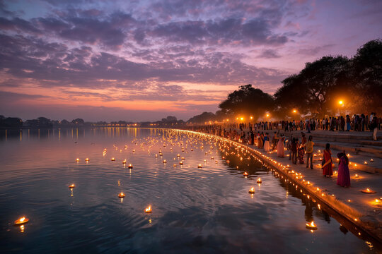  Devotees floating diyas on river during Chhath Puja evening, forming glowing reflections under twilight sky.
