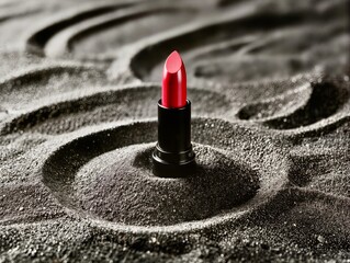 A vibrant red lipstick placed upright in the center of dark, textured sand, which is raked into artistic concentric circles. C lipstick standing in dark sand with concentric circles. High quality © Olena