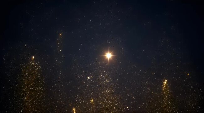 Golden glitter particles falling on black background, shimmering gold dust with lens flare, elegant sparkling bokeh for luxury celebration video