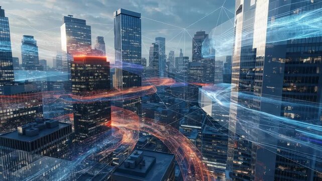Medium shot showing a layered 3D cityscape in a digital twin platform highlighting key carrier sites and historical traffic flow visualizations on an interactive map.