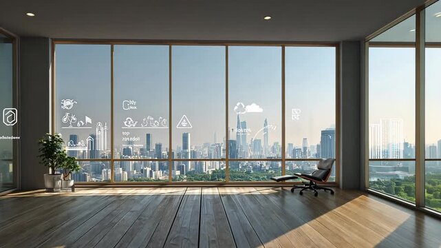 Modern Office Interior with City View and Digital Icons Displayed
