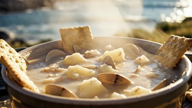 Creamy clam chowder with crackers, steaming, near the ocean. Close-up, rustic
