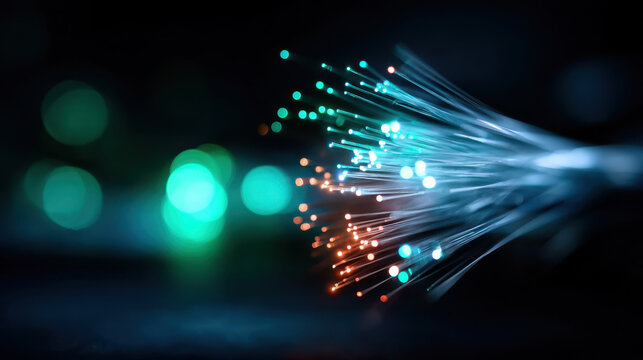 Close up of glowing fiber optic cables and light points for technology background and high tech network design visuals