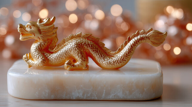Gold dragon figurine on a soapstone base for studio closeup and decorative tabletop background with soft bokeh