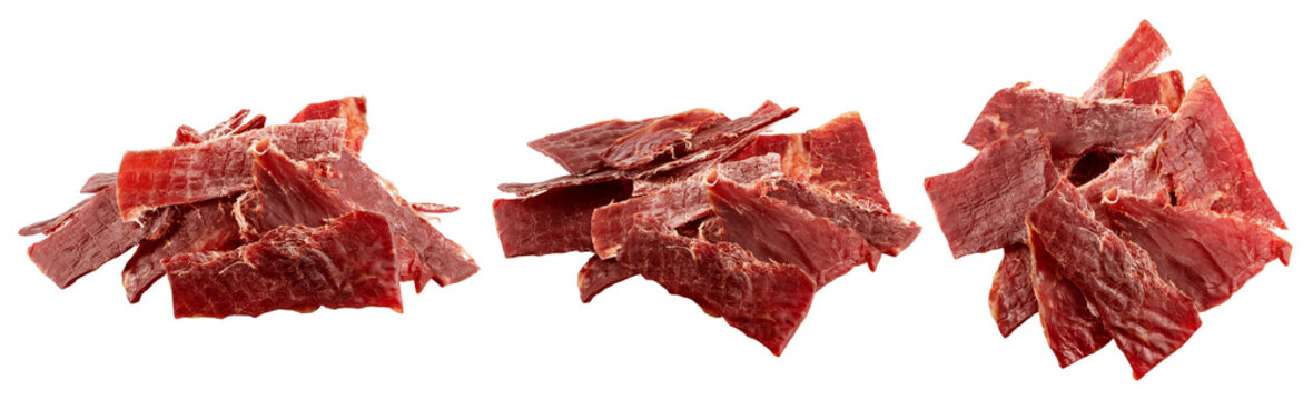Beef Jerky, dried meat isolated, full depth of field