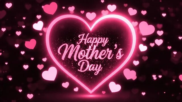 Glowing Happy Mother's Day text with pink hearts on dark background