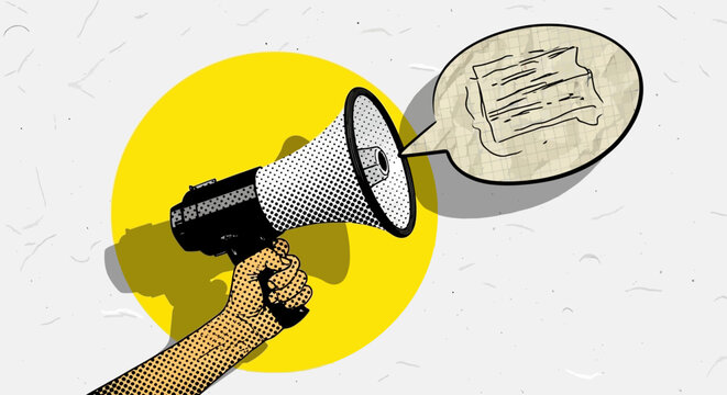 A hand holding a megaphone with a speech bubble.