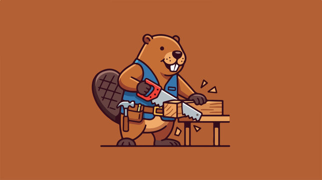 Cartoon beaver working as a carpenter sawing wood.