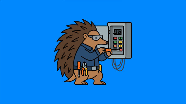 Cartoon echidna electrician working on an electrical panel.