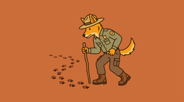 Cartoon fox park ranger hiking with a stick and leaving paw prints.