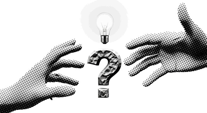 Two hands reaching for a question mark and lightbulb.
