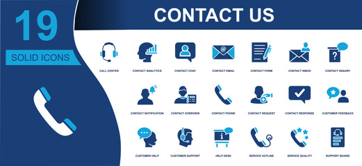Contact us icon set. Containing call center, chat, email, phone, support, help desk, inquiry, feedback, hotline, response, notification and more. Solid fill vector icons collection