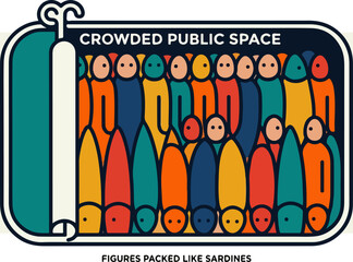 Obraz premium Crowded public space with figures packed like sardines in a can.