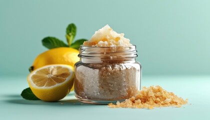 Natural sugar scrub in glass jar with lemon and mint for skincare and wellness with copy space