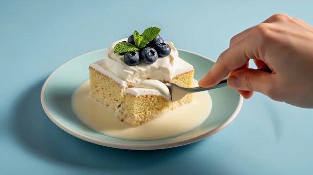 Traditional Mexican Tres Leches Cake with Fresh Blueberries and Mint