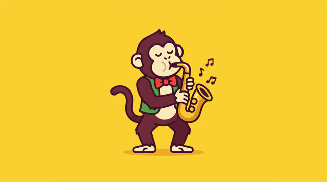 Cute cartoon monkey playing saxophone with musical notes.